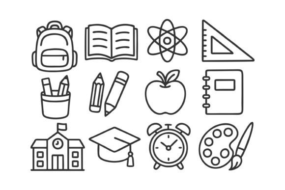 A Hand-drawn School Icon Set for Embroidered Projects