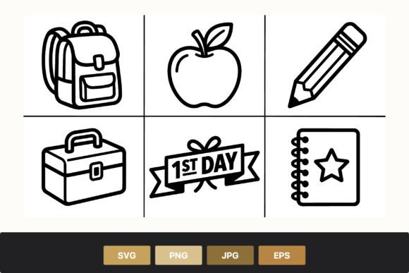 School First Day Line Art Icons for Embroidery Projects