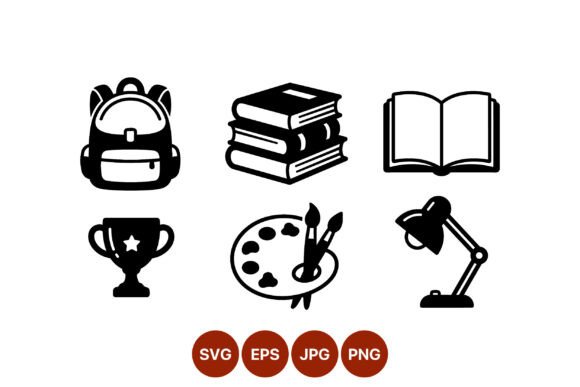 School Supplies Black Icons Set for Embroidery Projects